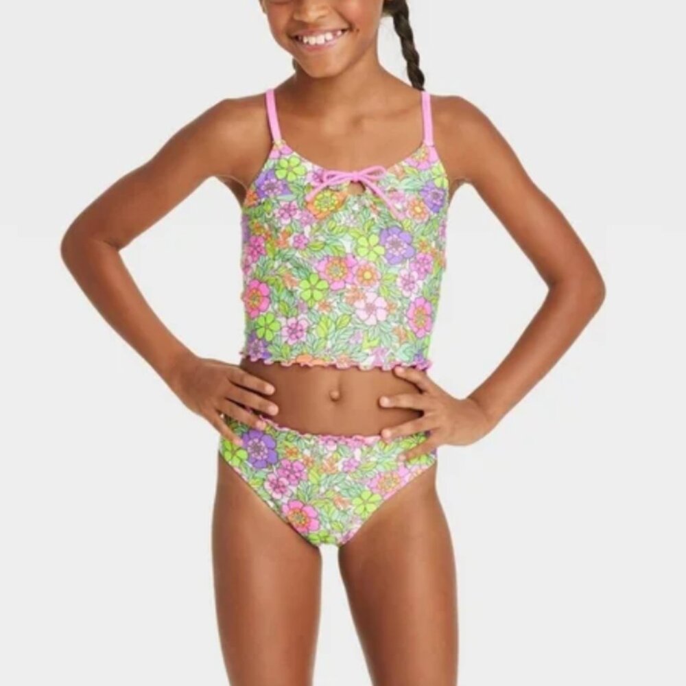 Cat & Jack Girls Floral Tankini Bikini Set in Pink, Green, Purple